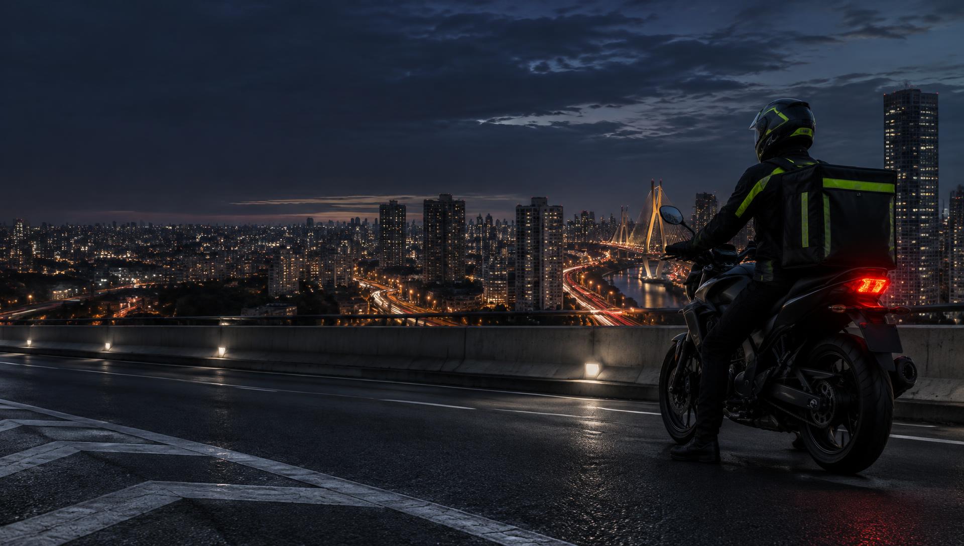 Delivery rider overlooking São Paulo at night